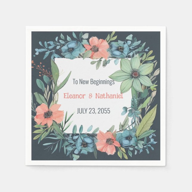 Guardanapo De Papel Whimsical Floral Salmon Blue Green Casamento (Frente)