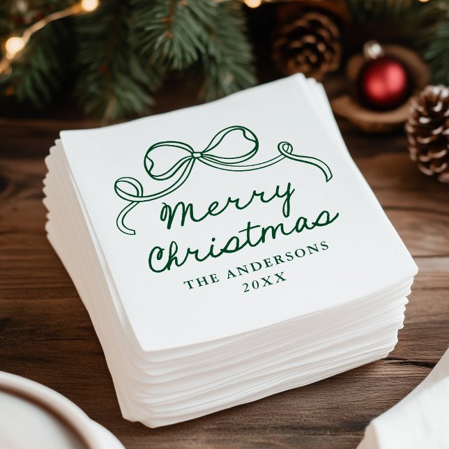 Guardanapo De Papel Whimsical Hand-Drawn Green Bow Merry Christmas (Criador carregado)