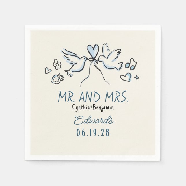Guardanapo De Papel Whimsical Hand Drawn Love Birds Wedding Napkins (Frente)