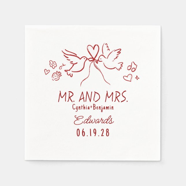 Guardanapo De Papel Whimsical Hand Drawn Love Birds Wedding Napkins (Frente)