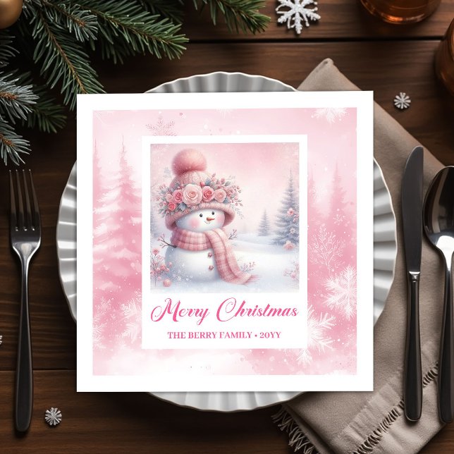 Guardanapo De Papel Whimsical Winter Forest Pink Snowman Christmas  (Whimsical Winter Forest Pink Snowman Christmas Napkins)
