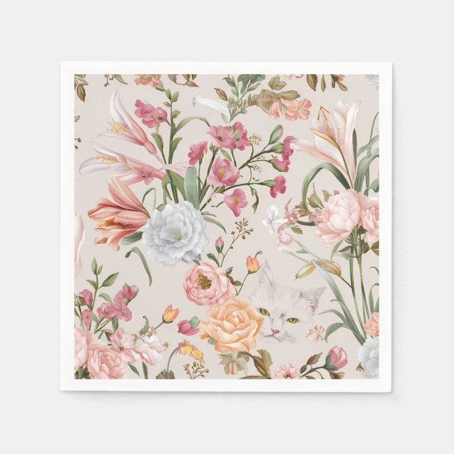 Guardanapo De Papel White Cats Pink Roses Floral  (Frente)