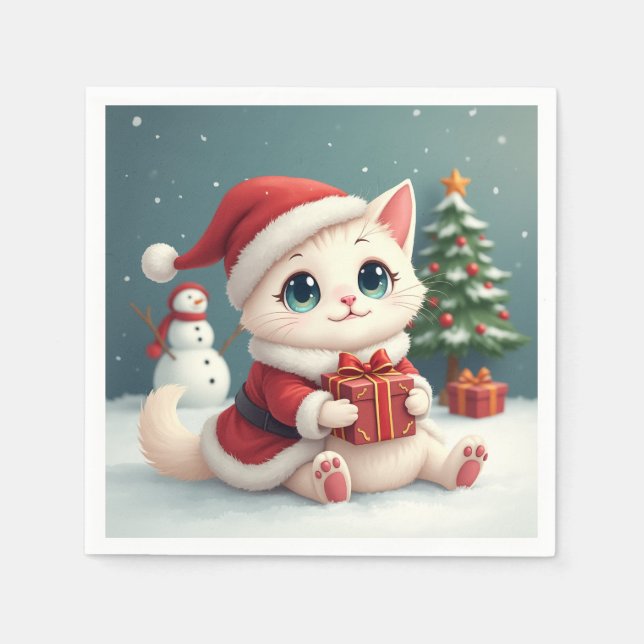 Guardanapo De Papel White Christmas Cat Napkins (Frente)