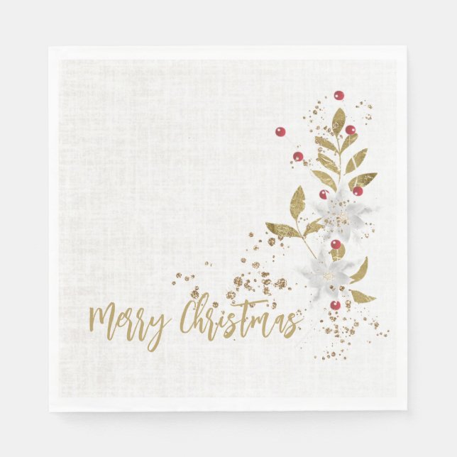 Guardanapo De Papel White Poinsettia Red Berries Glitter Faux Linen (Frente)