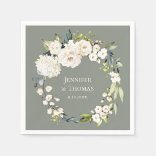 Guardanapo De Papel White Watercolor Floral no Sage Green Wedes