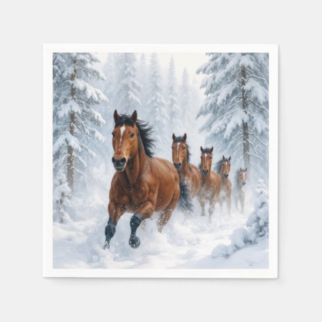 Guardanapo De Papel Wild Horses Running Through a Snowy Forest (Frente)