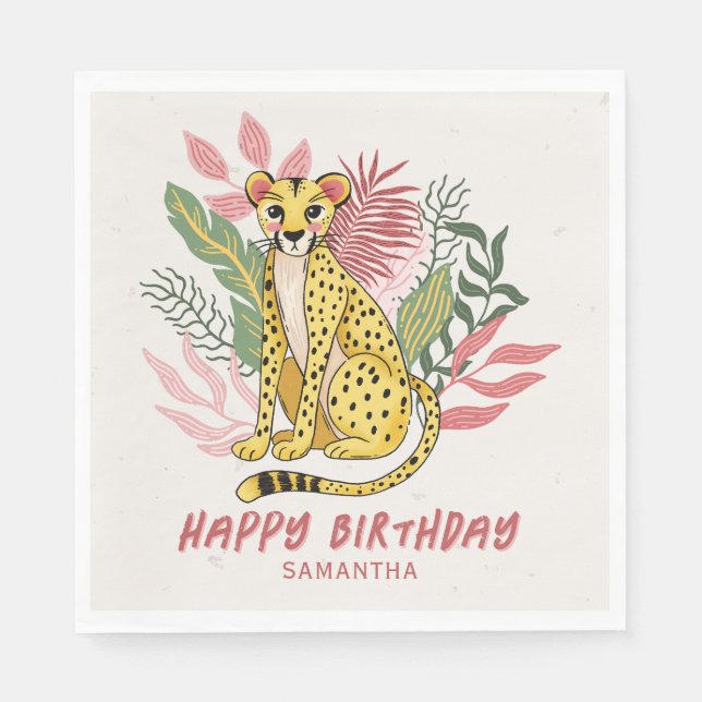 Guardanapo De Papel Wild Safari Pink Cheetah Kids Birthday Party (Frente)