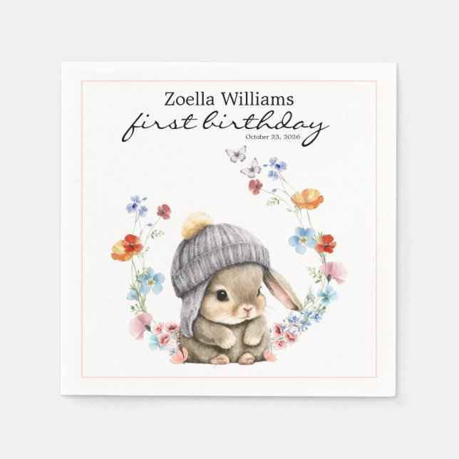 Guardanapo De Papel Wildflower Sweet Bunny 1st Birthday Party Napkin (Frente)