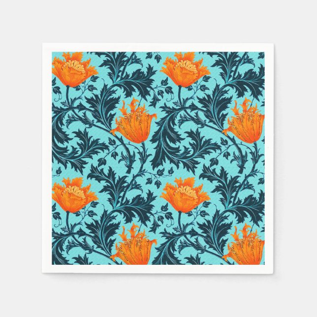 Guardanapo De Papel William Morris Anemone, Indigo Blue e Coral (Frente)