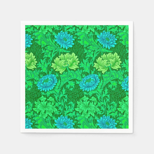 Guardanapo De Papel William Morris Chrysanthemums, Verde limão & Aqua (Frente)