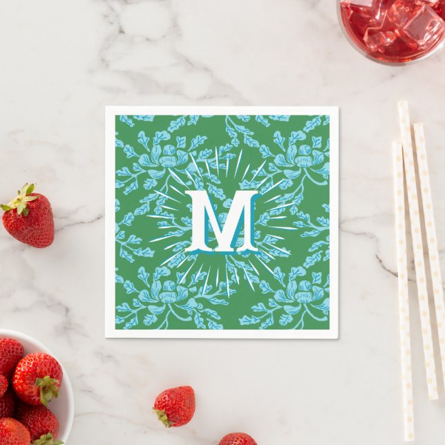 Guardanapo De Papel Winding Peony Woodcut in Green + Aqua Personalized (Insitu)