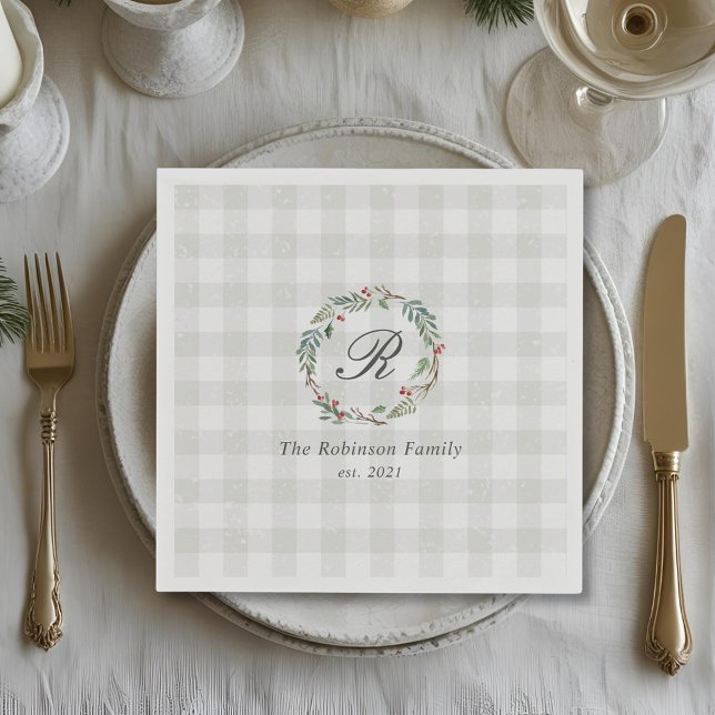 Guardanapo De Papel Winter Berry Wreath Family Name Inicial Natal (Criador carregado)