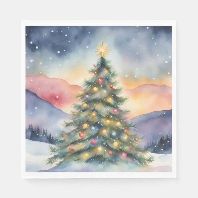 Guardanapo De Papel Winter Christmas Tree Snowy Sunset Scenery (Frente)