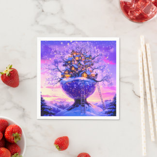 Guardanapo De Papel Winter Fantasy Snowy Tree Village Landscape