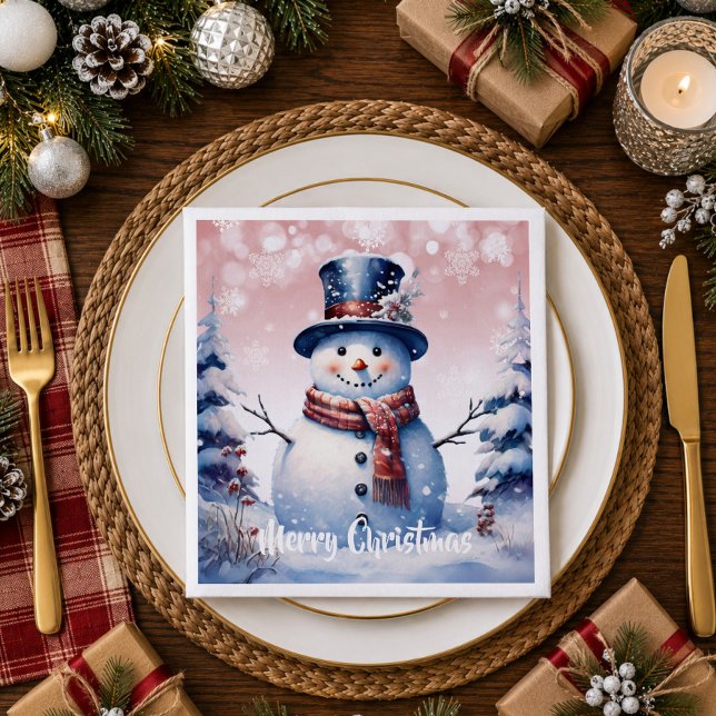 Guardanapo De Papel Winter Forest Snowman Natal | Cor de Rosa (Purple Winter Forest Snowman Christmas Napkins)