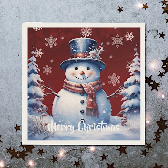 Guardanapo De Papel Winter Forest Snowman Natal | Vermelha (Red Winter Forest Snowman Christmas Napkins)
