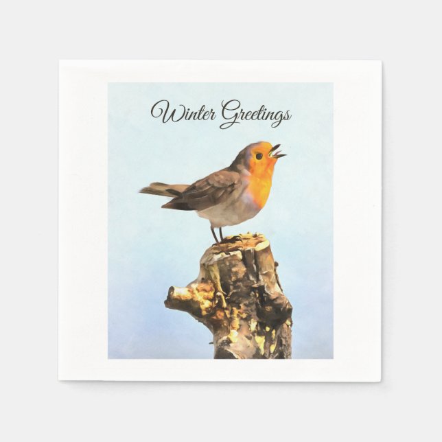 Guardanapo De Papel Winter Greetings. Robin singing  (Frente)