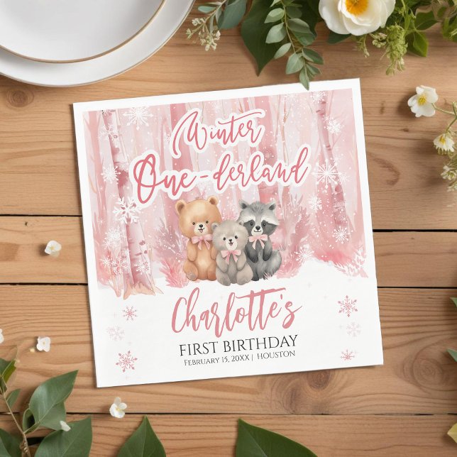 Guardanapo De Papel Winter Onederland Bear Pink First Birthday Party (Criador carregado)