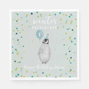 Guardanapo De Papel Winter Onederland Blue Birthday Balloon Penguin