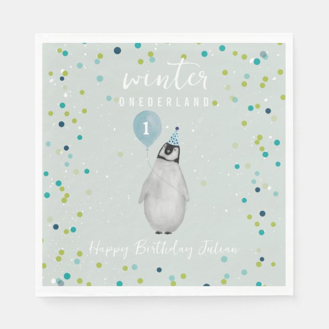 Guardanapo De Papel Winter Onederland Blue Birthday Balloon Penguin (Frente)