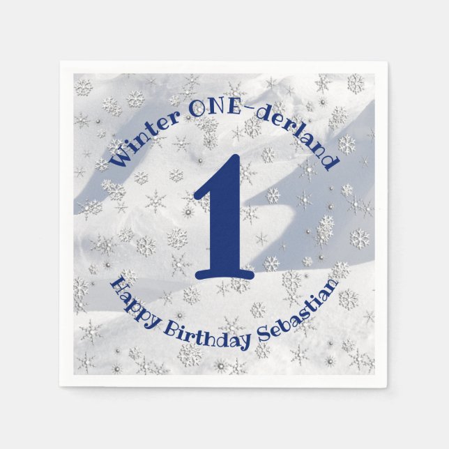 Guardanapo De Papel Winter ONEderland Blue First Birthday Snowflakes (Frente)
