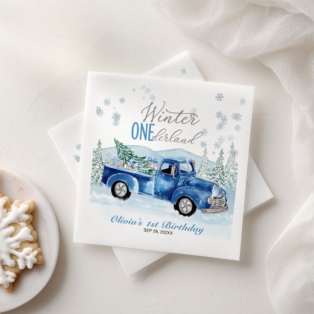 Guardanapo De Papel Winter Onederland Blue Truck First Birthday (Criador carregado)