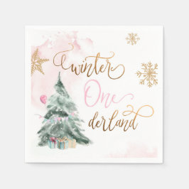 Guardanapo De Papel Winter Onederland Girl Dourada Rosa primeiro anive