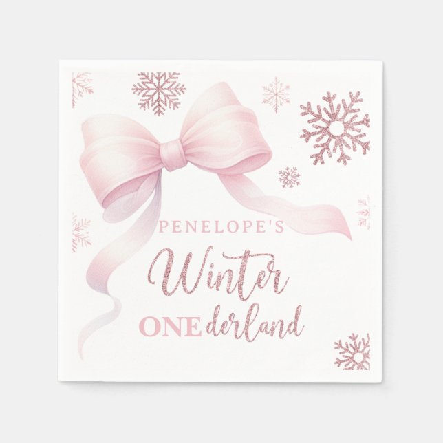 Guardanapo De Papel Winter Onederland Pink Bow Girl 1st Birthday (Frente)