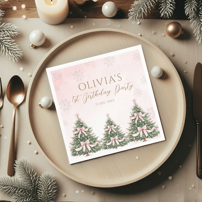 Guardanapo De Papel Winter Onederland Pink Bow Pine Trees 1st Birthday (Criador carregado)