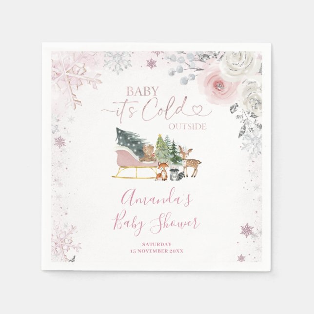 Guardanapo De Papel Winter Pastel Pink Snowflake Sleigh Baby Shower (Frente)