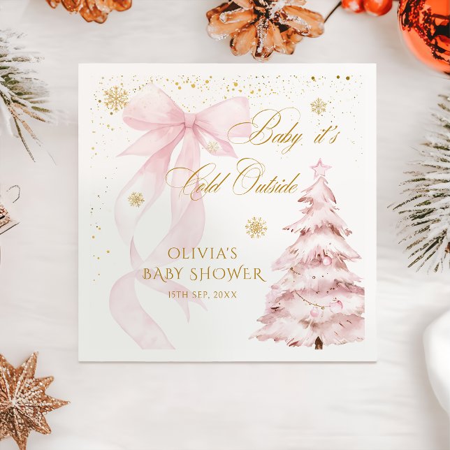Guardanapo De Papel Winter Pink Bow It's Cold Outside Baby Shower (Criador carregado)