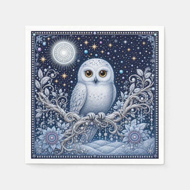 Guardanapo De Papel Winterzauber mit Schneeeule und Eisblumen (Frente)