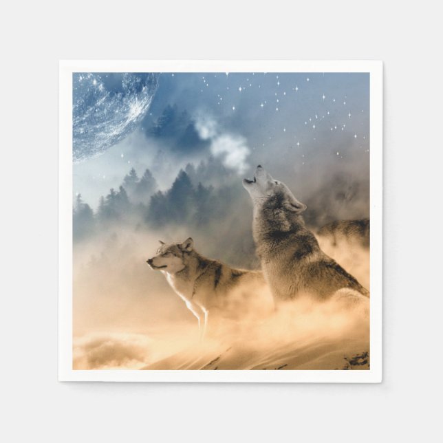 Guardanapo De Papel Wolfs Howl em uma Noite Fria Foggy Starry Fall (Frente)