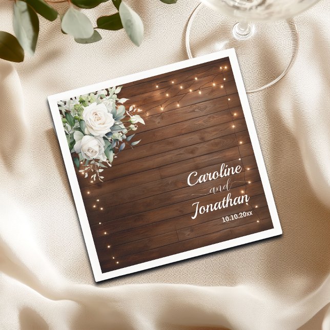 Guardanapo De Papel Wood Rustic String Luzes Brancas Rosas Casamento (Criador carregado)