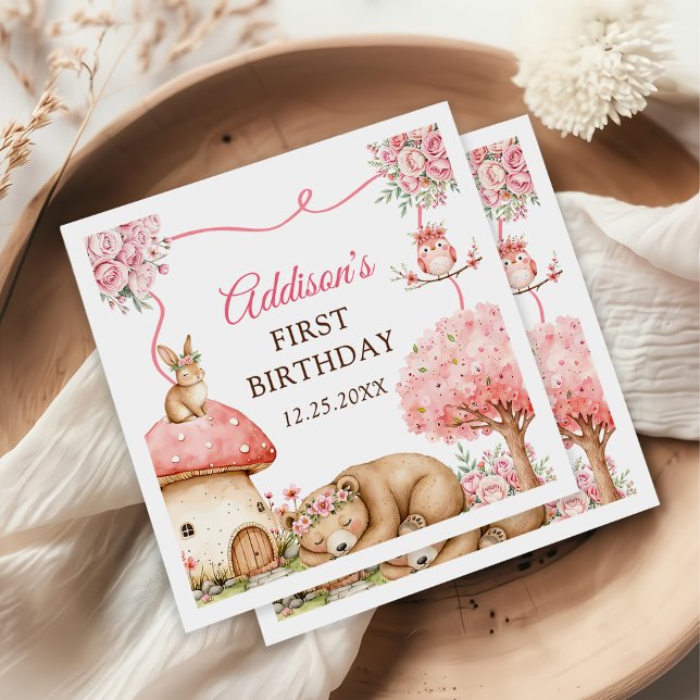 Guardanapo De Papel Woodland Animals Girl 1st Birthday Party (Criador carregado)