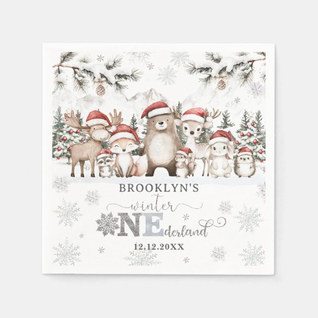 Guardanapo De Papel Woodland Winter ONEderland Christmas 1st Birthday (Frente)