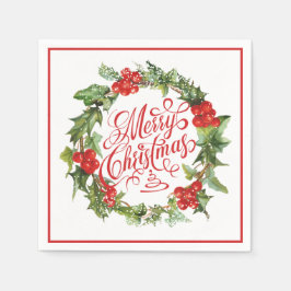 Guardanapo De Papel Wreath Verde de Natal Holly Ivy Typografia