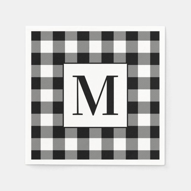 Guardanapo De Papel Xadrez de Búfalo Preto e Branco Monogramado (Frente)