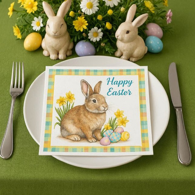 Guardanapo De Papel Xadrez de primavera com coelho de Páscoa  (Elevate your Easter table setting with our spring plaid bunny paper napkins. )