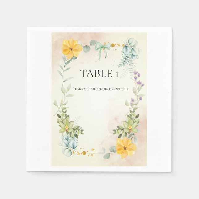 Guardanapo De Papel Yellow and Pink Floral Wedding Table Number (Frente)