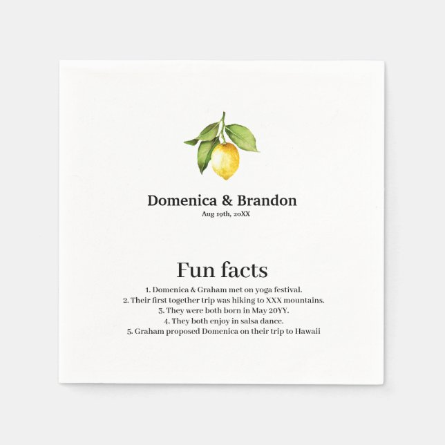 Guardanapo De Papel Yellow Lemon Wedding Fun Facts Napkins (Frente)