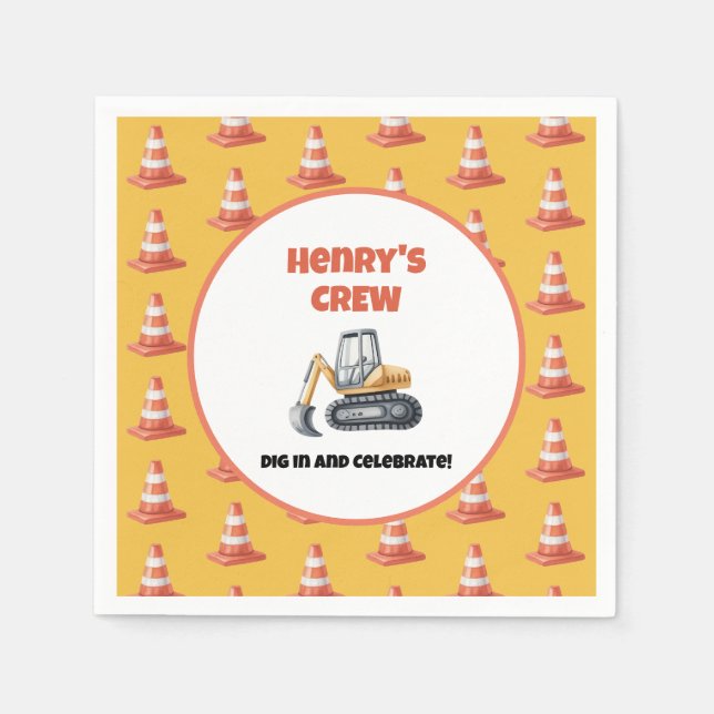 Guardanapo De Papel Yellow Orange Cone Construction Digger Party (Frente)