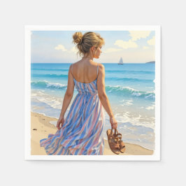Guardanapo De Papel Young Woman On the Beach Looking At Sailboats