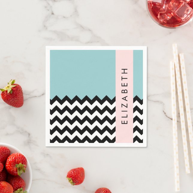 Guardanapo De Papel Zigzag preto-e-branco, Chevron, azul, seu nome (Insitu)