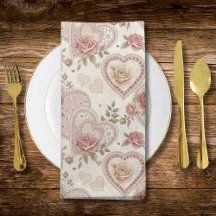 Vintage Ivory Brown Frilled Hearts Rose Pattern