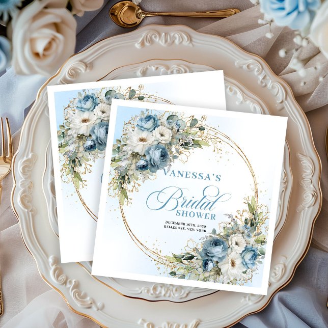 Guardanapos Boho Azul Claro Floral Folhagens Doura (Boho Light Blue Floral Greenery Gold Napkins)