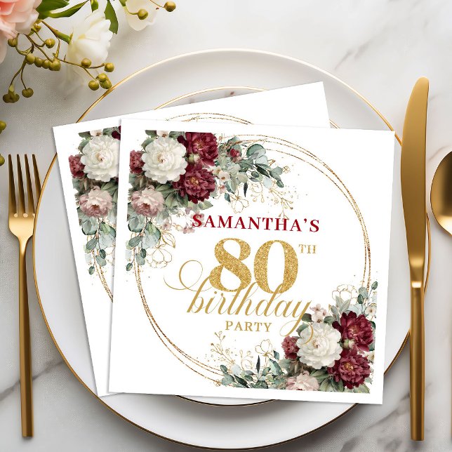 Guardanapos Boho Burgundy Eucalipto para 80º Anive (Boho Burgundy Eucalyptus 80th Birthday Napkins)