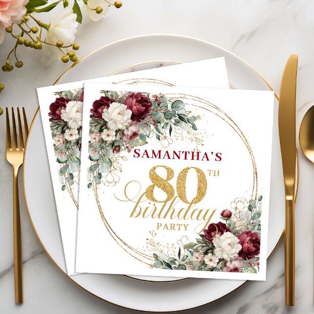 Guardanapos Boho Burgundy Floral Gold para 80º Ani (Boho Burgundy Floral Gold 80th Birthday Napkins)