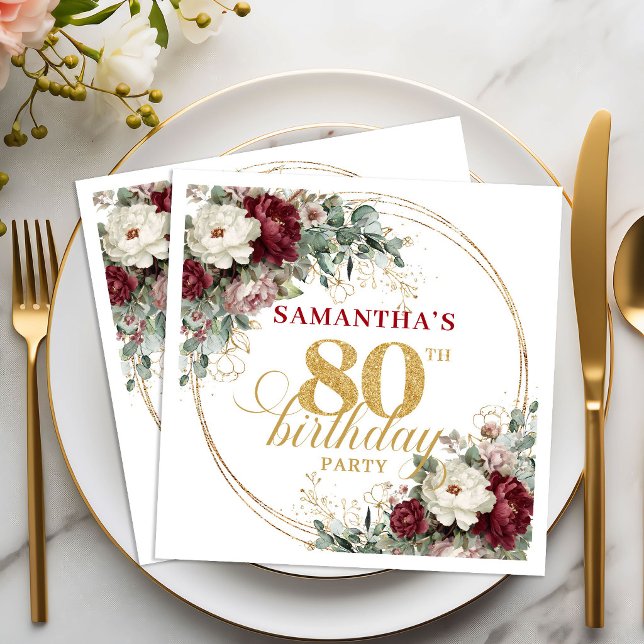 Guardanapos Boho Deep Red Floral para 80º Aniversá (Boho Deep Red Floral 80th Birthday Napkins)