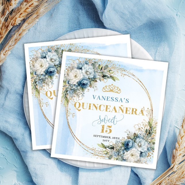 Guardanapos Boho Pastel Azul Flores Dourado 15 Ano (Boho Pastel Blue Flowers Gold 15th Birthday Napkins)
